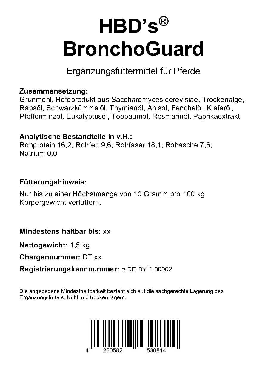 Ein schwarz-weißes Etikett mit der Zusammensetzung und der Fütterungsempfehlung von HBDs BronchoGuard der Darmkur zur Stärkung der Atemwege und des Immunsystems für Pferde