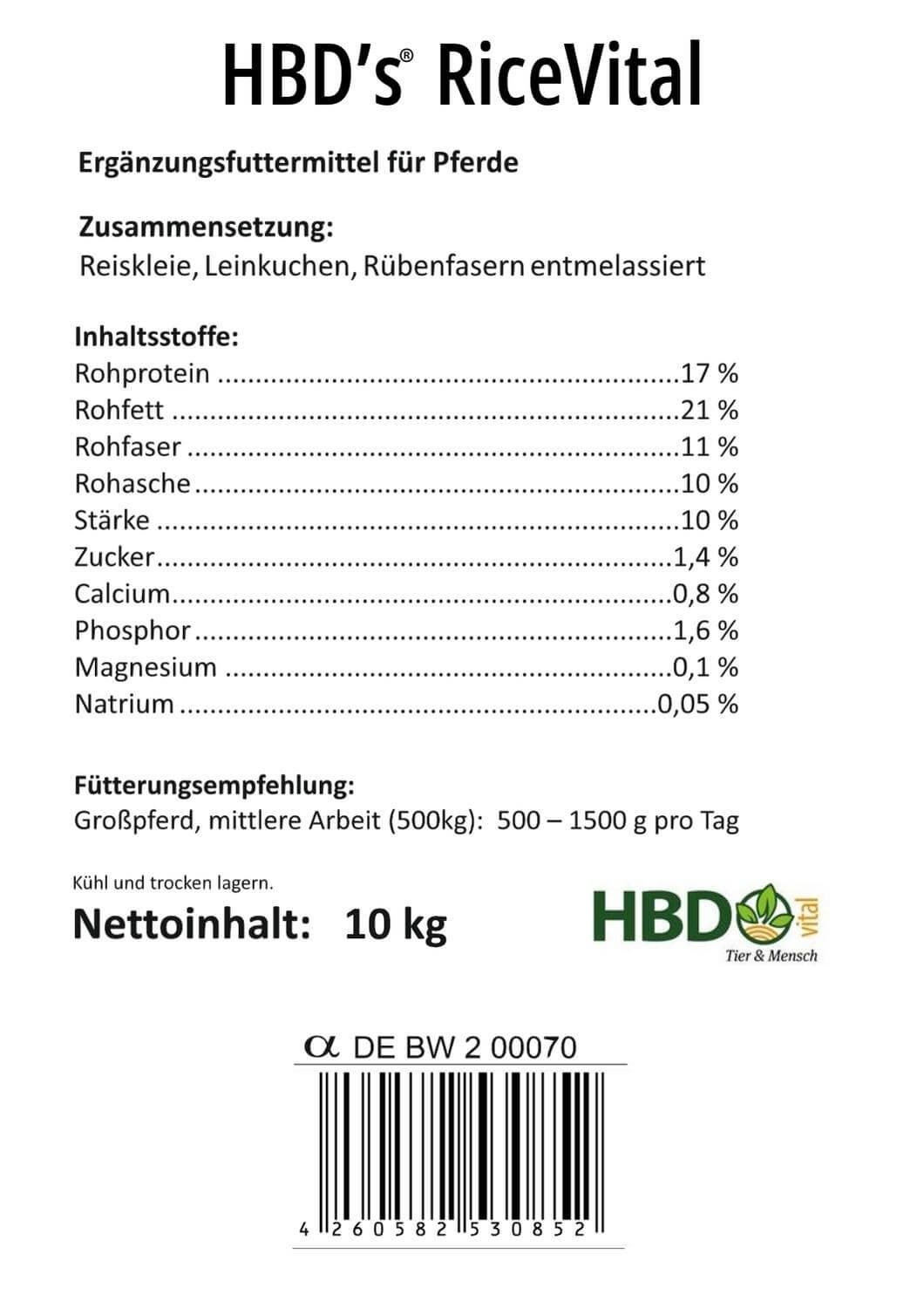 Ein schwarz-weißes Etikett mit den Angaben der Zusammensetzung und der Fütterungsempfehlung von HBDs RiceVital