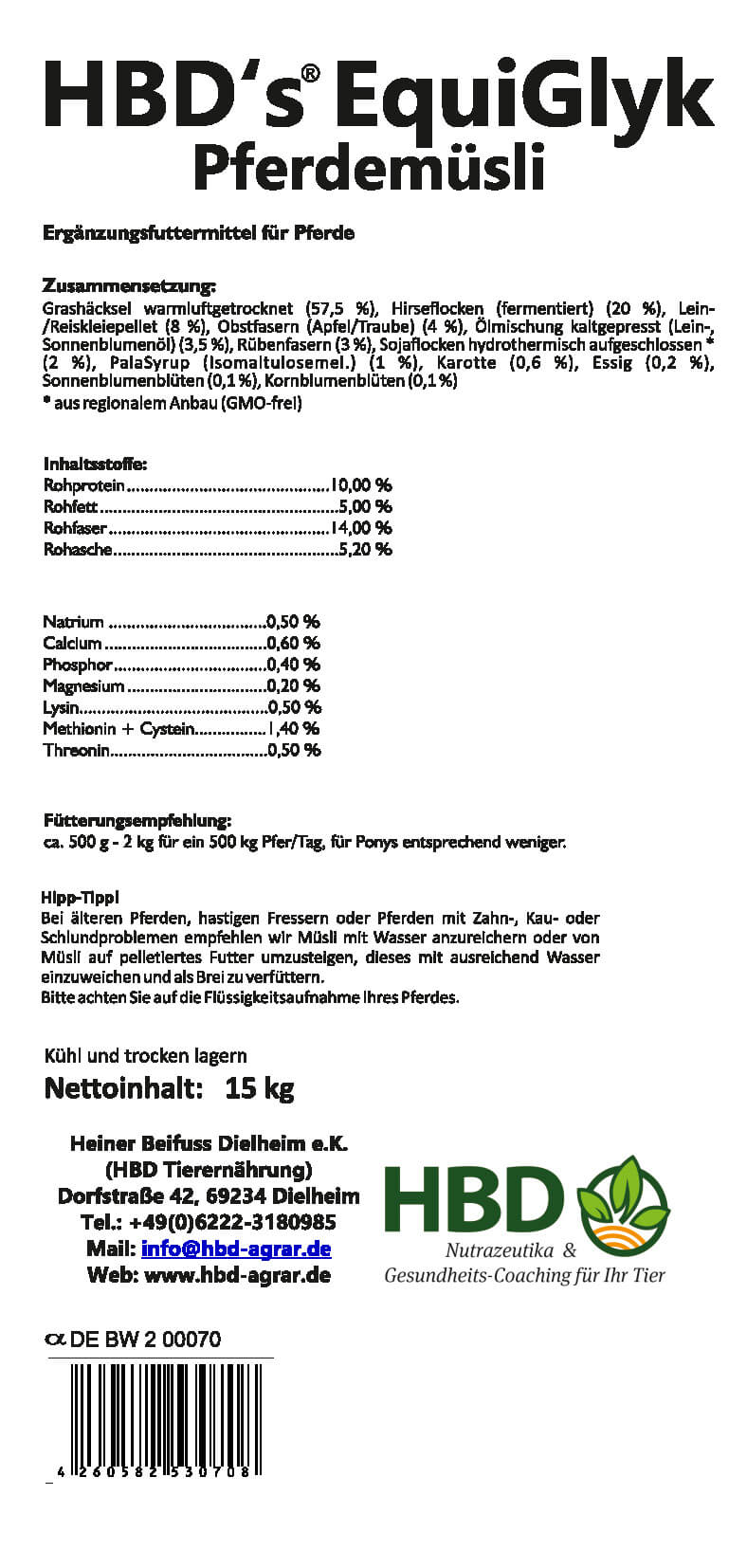 Schwarz-weißes Etikett mit der Zusammensetzung und dem Fütterungshinweis von HBDs EquiGlyk dem Pferdemüsli