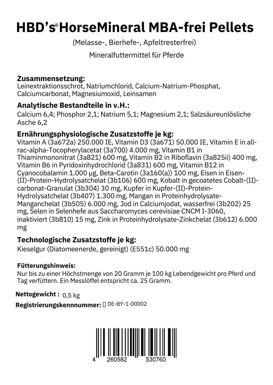 schwarz-weiß Etikett mit Zusammensetzung und Fütterungshinweis von HorseMineral MBA-frei Pellets, dem organisch gebundenen Mineralfutter für Pferde in der 0,5kg Einheit