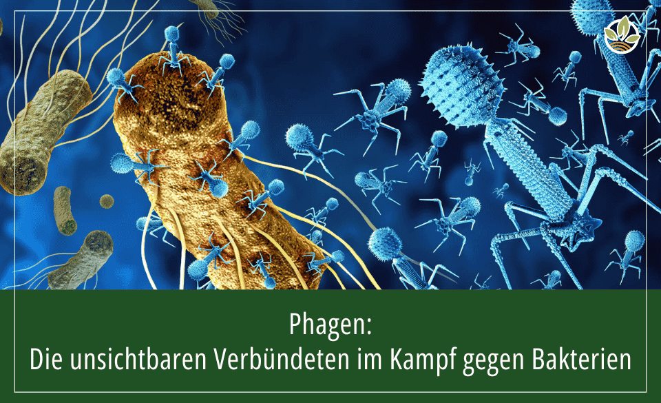 Grafische Darstellung von Bakteriophagen, die Bakterien angreifen, mit dem Titel „Phagen: Die unsichtbaren Verbündeten im Kampf gegen Bakterien“.