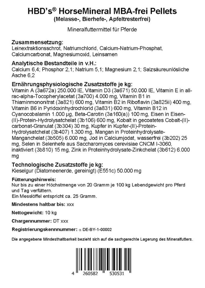 schwarz-weiß Etikett mit Zusammensetzung und Fütterungshinweis von HorseMineral MBA-frei Pellets, dem organisch gebundenen Mineralfutter für Pferde in der 10kg Einheit