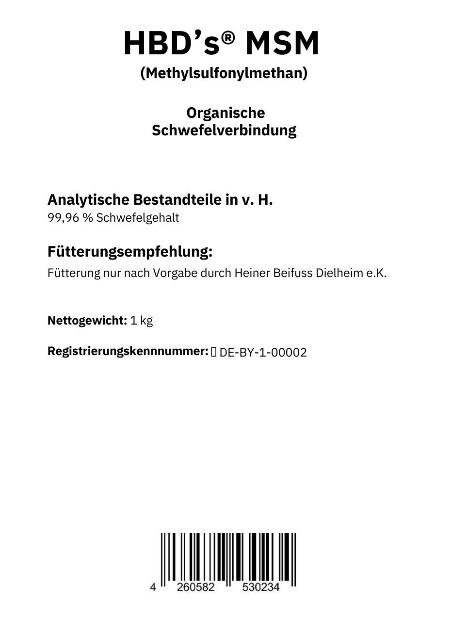 Ein schwarz-weißes Etikett mit der Zusammensetzung und dem Fütterungshinweis von HBD MSM für Pferde, Hunde und Katzen