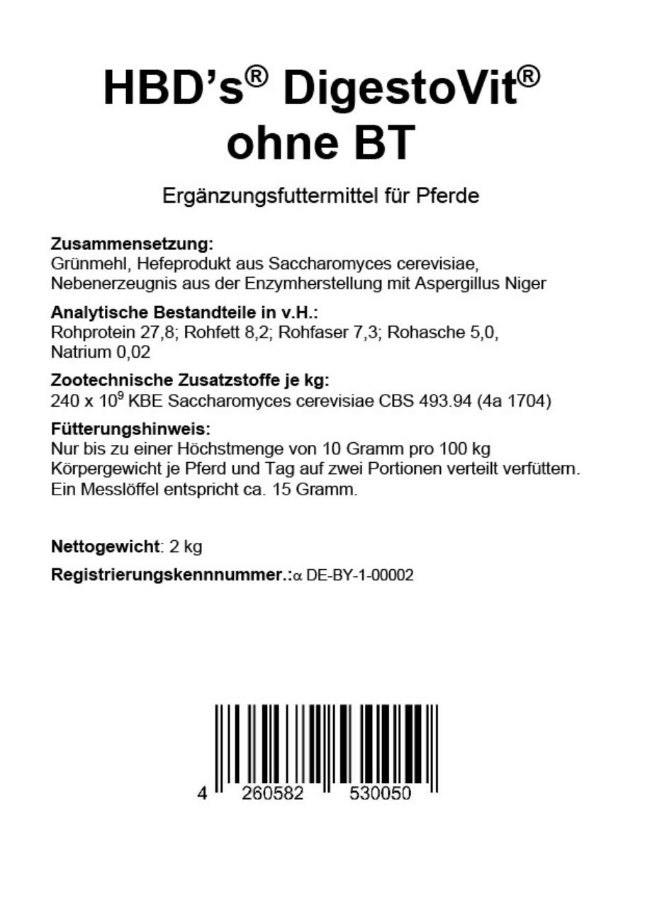 Ein schwarz-weißes Etikett mit der Zusammensetzung und der Fütterungsempfehlung von HBDs DigestoVit ohne Bierhefe dem Schadkeimbinder für den Darm des Pferdes