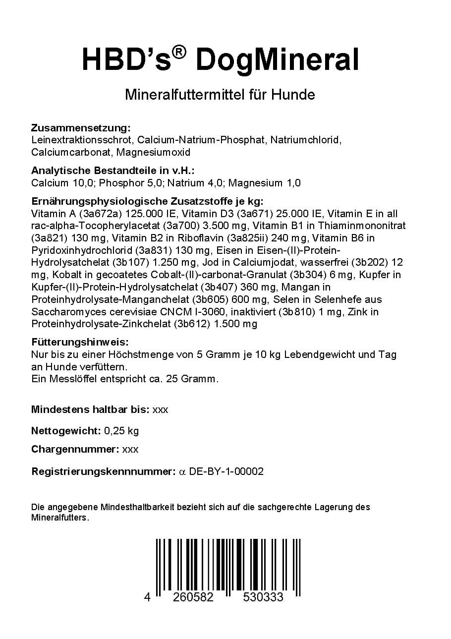 Ein schwarz-weißes Etikett mit der Zusammensetzung und dem Fütterungshinweis von CatMineral dem Mineralfutter für Hunde 0,25 kg