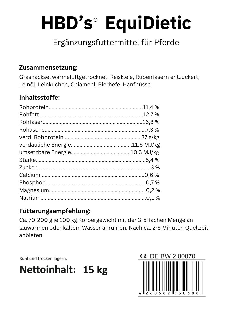 Ein schwarz-weißes Etikett von HBDs EquidIetic mit Reis mit der Zusammensetzung und der Fütterundempfehlung.