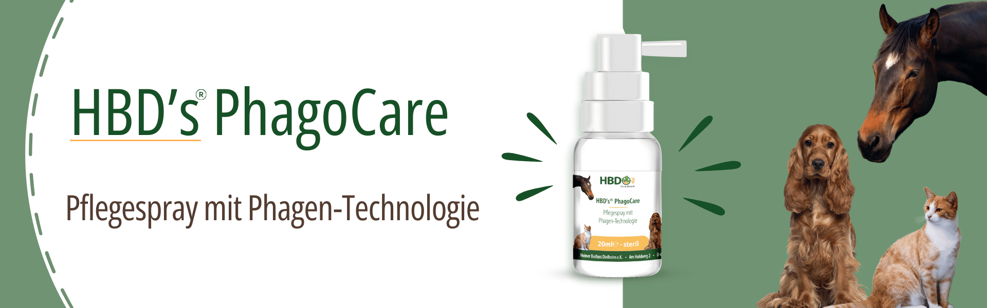 Werbebanner für HBD's PhagoCare Pflegespray mit Phagen-Technologie, 20 ml sterile Flasche, mit Abbildungen eines Pferdes, eines Hundes und einer Katze.