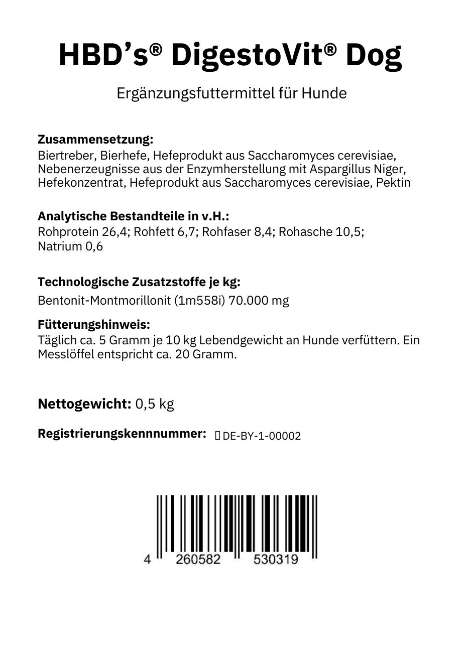 Ein schwarz-weißes Etikett mit der Zusammensetzung und der Fütterungsempfehlung von HBD DigestoVit dem Schadkeimbinder für den Darm für Hunde 2 kg