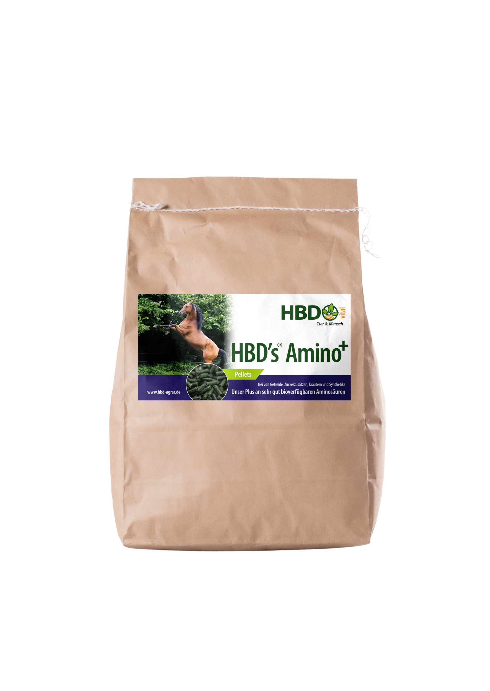 Foto des Futtersacks für HBD’s Amino+ - Ein hellbrauner Futtersack mit dem Etikett von HBD’s Amino+ ist zu sehen.