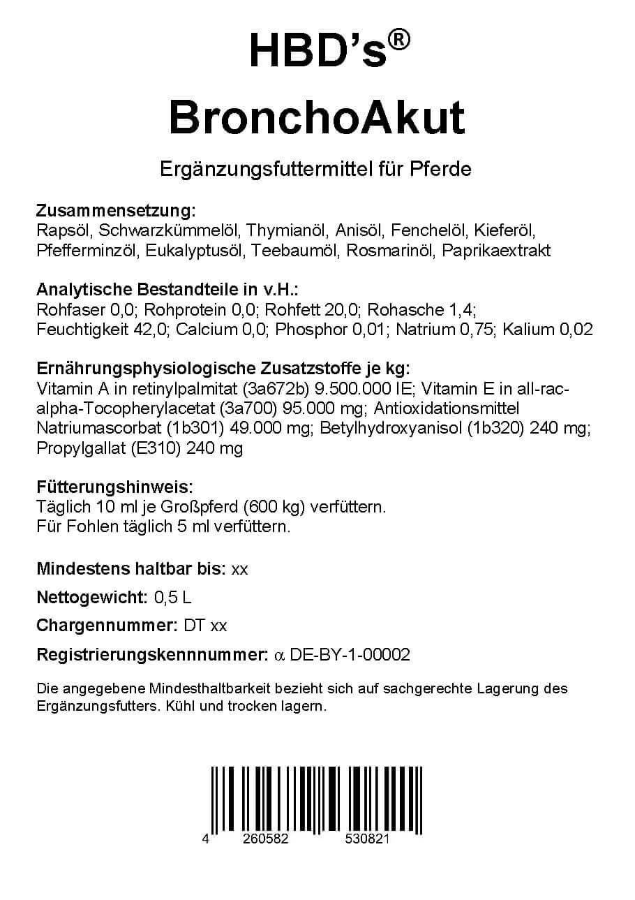 Etikett mit der Zusammensetzung und dem Fütterungshinweis von HBD’s® BronchoAkut der Atemwegskur für Pferde