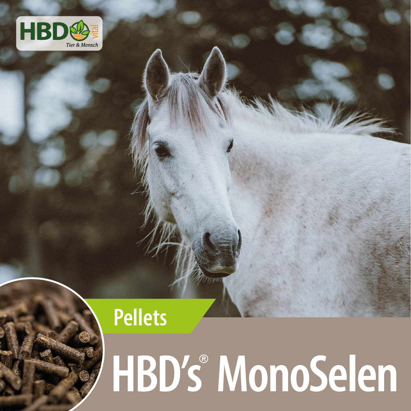 Shopbild für HBD’s MonoSelen - Das Bild zeigt den Produktnamen sowie den Hinweis, dass es sich um Pellets handelt. Ein weißes Pferd ist zu sehen.
