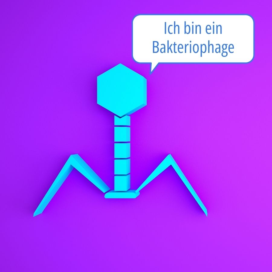 Darstellung eines Bakteriophagen mit der Sprechblase "Ich bin ein Bakteriophage" auf einem violetten Hintergrund.