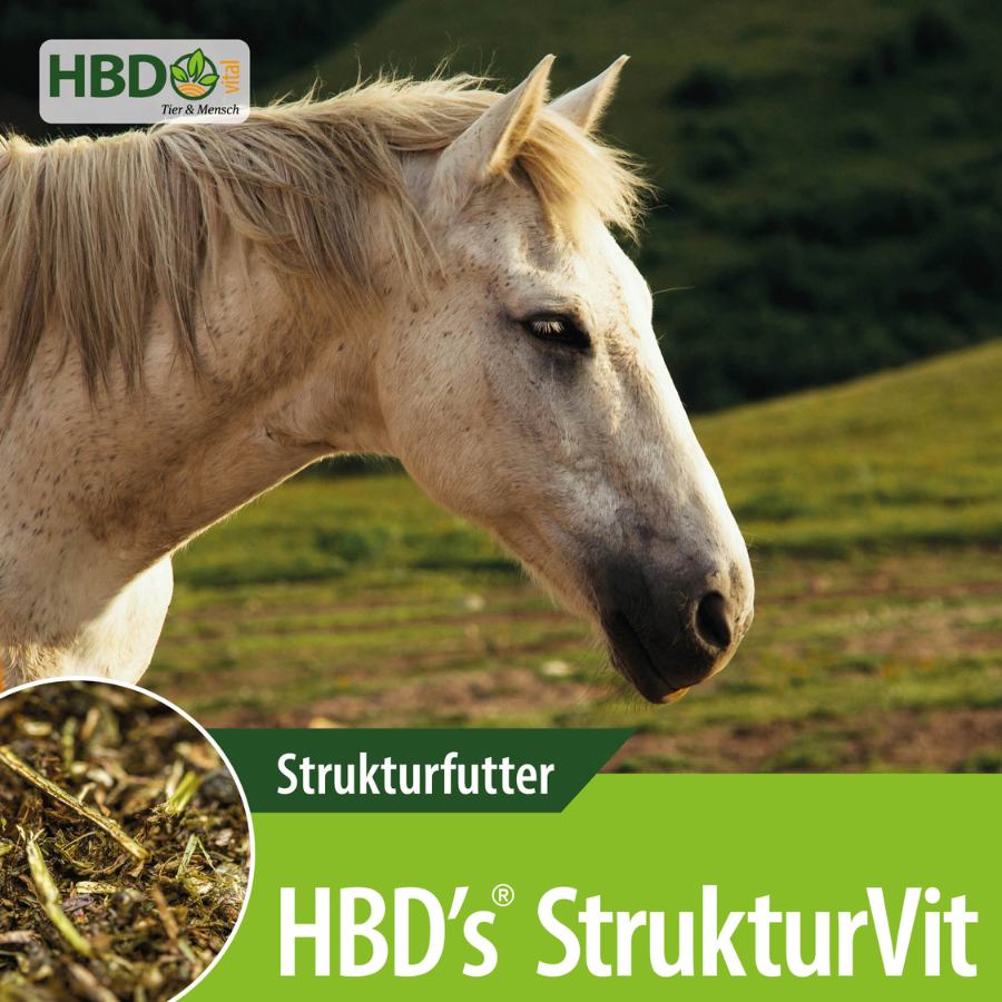 Shopbild für HBD’s StrukturVit - Das Bild zeigt den Produktnamen sowie den Hinweis, dass es sich um ein Raufutter handelt. Ein weißes älteres Pferd ist zu sehen