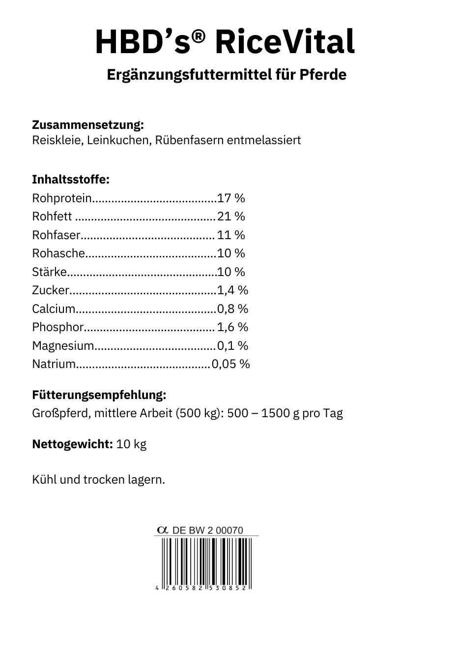 Ein schwarz-weißes Etikett mit den Angaben der Zusammensetzung und der Fütterungsempfehlung von HBDs RiceVital