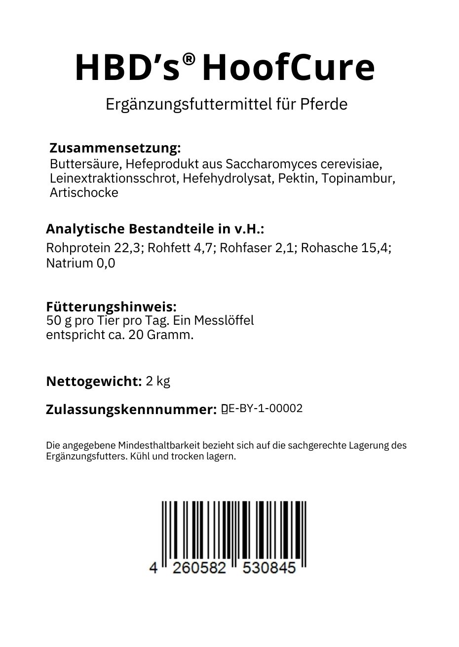 Es ist ein schwarz-weißes Etikett mit den Angaben der Zusammensetzung und dem Fütterungshinweis von HBDs HoofCure der Hufkur für Pferde.