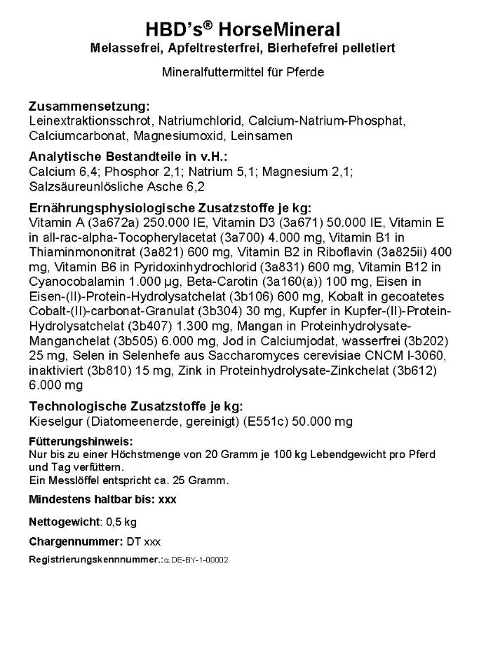 schwarz-weiß Etikett mit Zusammensetzung und Fütterungshinweis von HorseMineral MBA-frei Pellets, dem organisch gebundenen Mineralfutter für Pferde in der 0,5kg Einheit