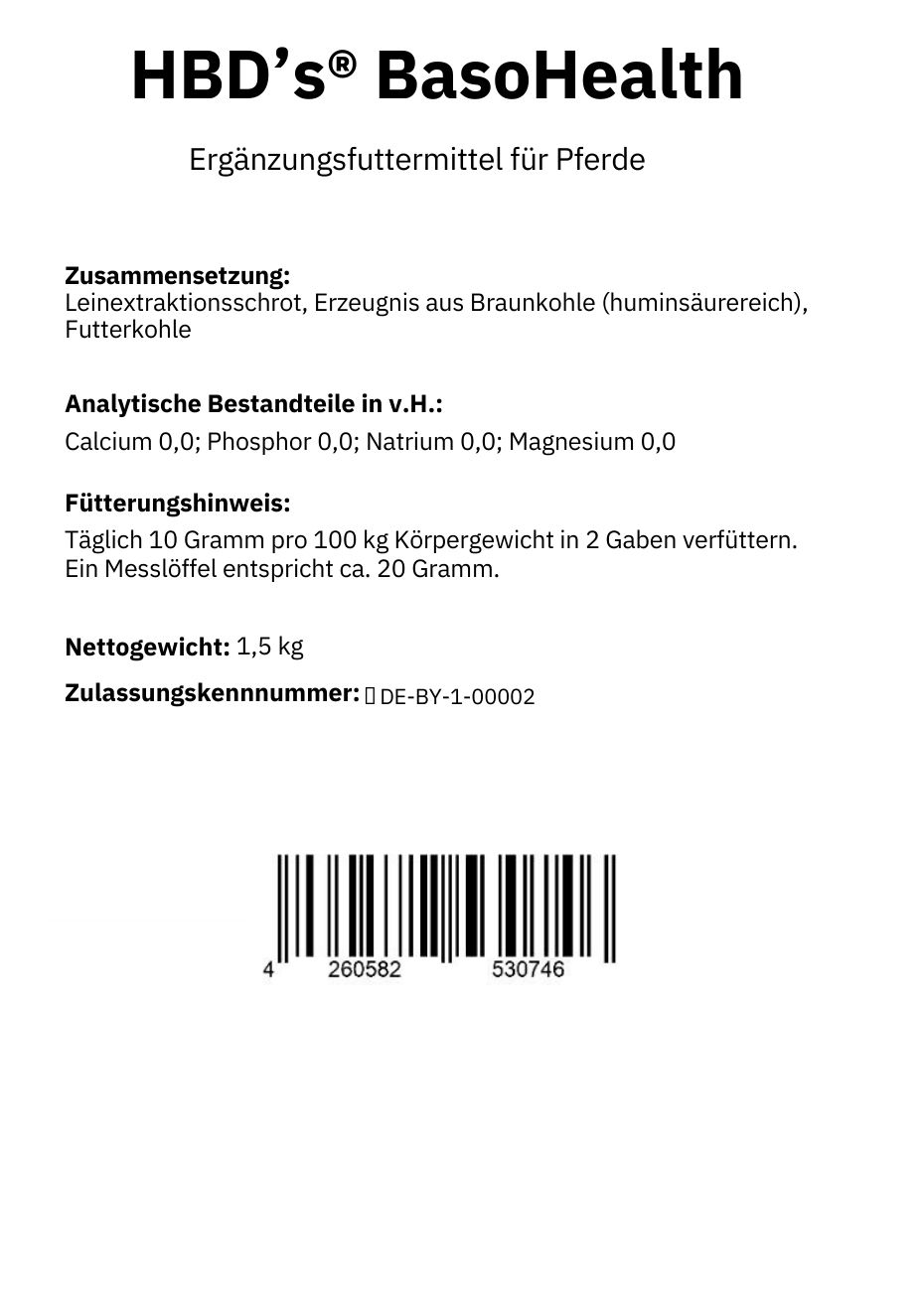 schwarz-weiß Etikett mit Zusammensetzung und Fütterungshinweis von BasoHealth dem Stoffwechselregulat für Pferde