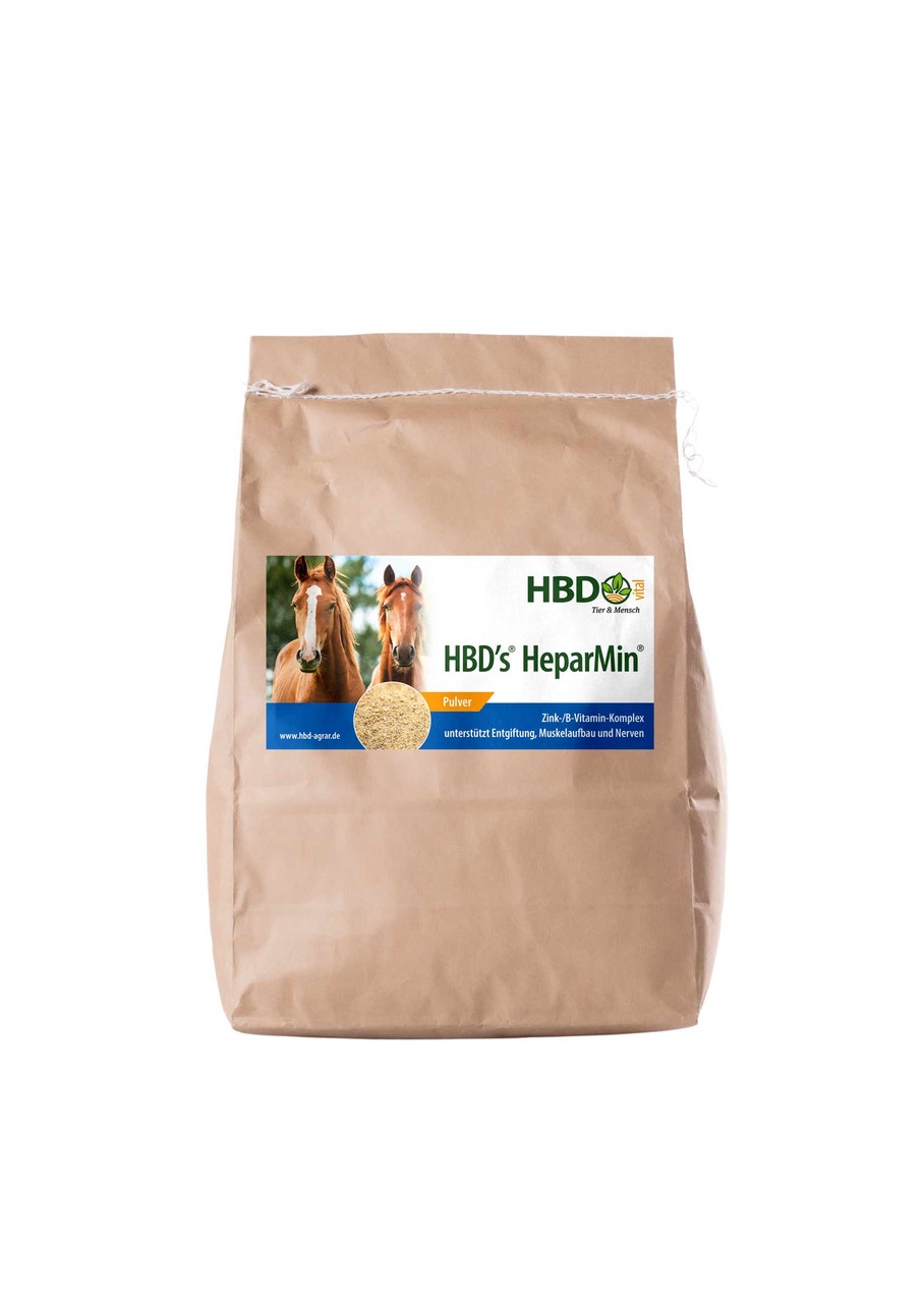Foto des Futtersacks für HBD’s HeparMin -  Ein hellbrauner Futtersack mit dem Etikett von HBD’s HeparMin ist zu sehen.