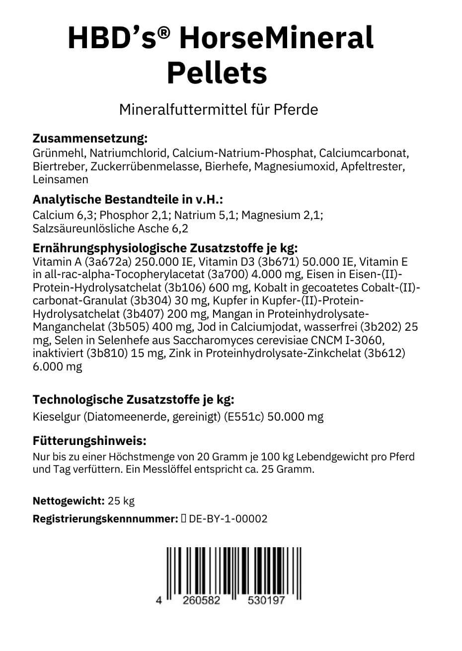 schwarz-weiß Etikett mit Zusammensetzung und Fütterungshinweis von HorseMineral Pellets, dem organisch gebundenen Mineralfutter für Pferde in der 25kg Einheit