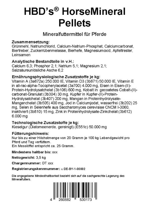 schwarz-weiß Etikett mit Zusammensetzung und Fütterungshinweis von HorseMineral Pellets, dem organisch gebundenen Mineralfutter für Pferde in der 3,5kg Einheit