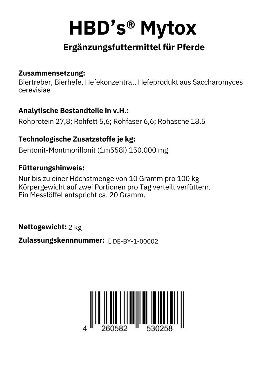 Ein schwarz-weißes Etikett mit der Zusammensetzung und dem Fütterungshinweis von HBDs Mytox dem Toxinbinder für Pferde 2kg