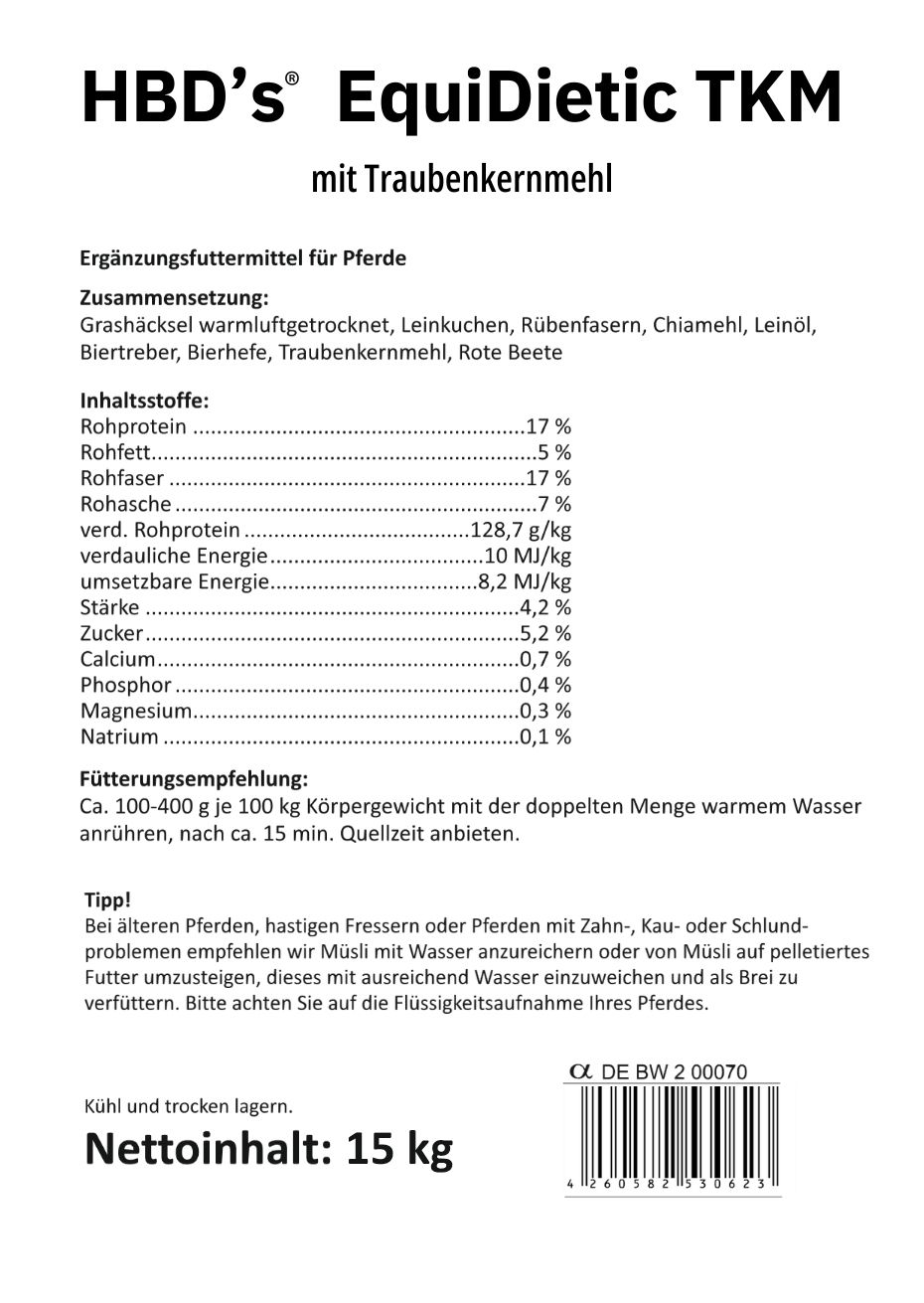 Schwarz-weißes Etikett mit der Zusammensetzung und der Fütterungsempfehlung von HBDs EquiDietic mit Traubenkernmehl