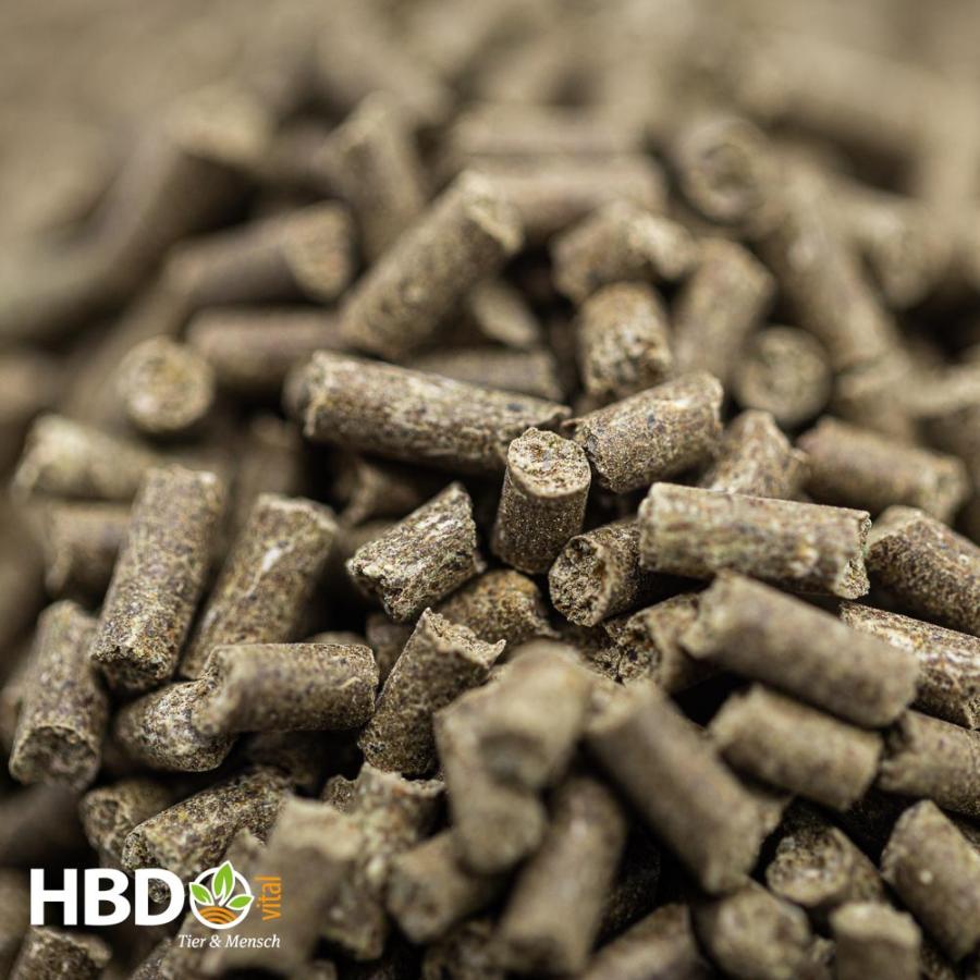 Foto von der Futterstrukltur des HBD’s HorseMineral MBA-frei Pellets, dem organisch gebundenen Mineralfutter für Pferde- Eine Nahaufnahme der HBD’s HorseMineral MBA-frei Pellets zeigt braun-graue Pellets. 