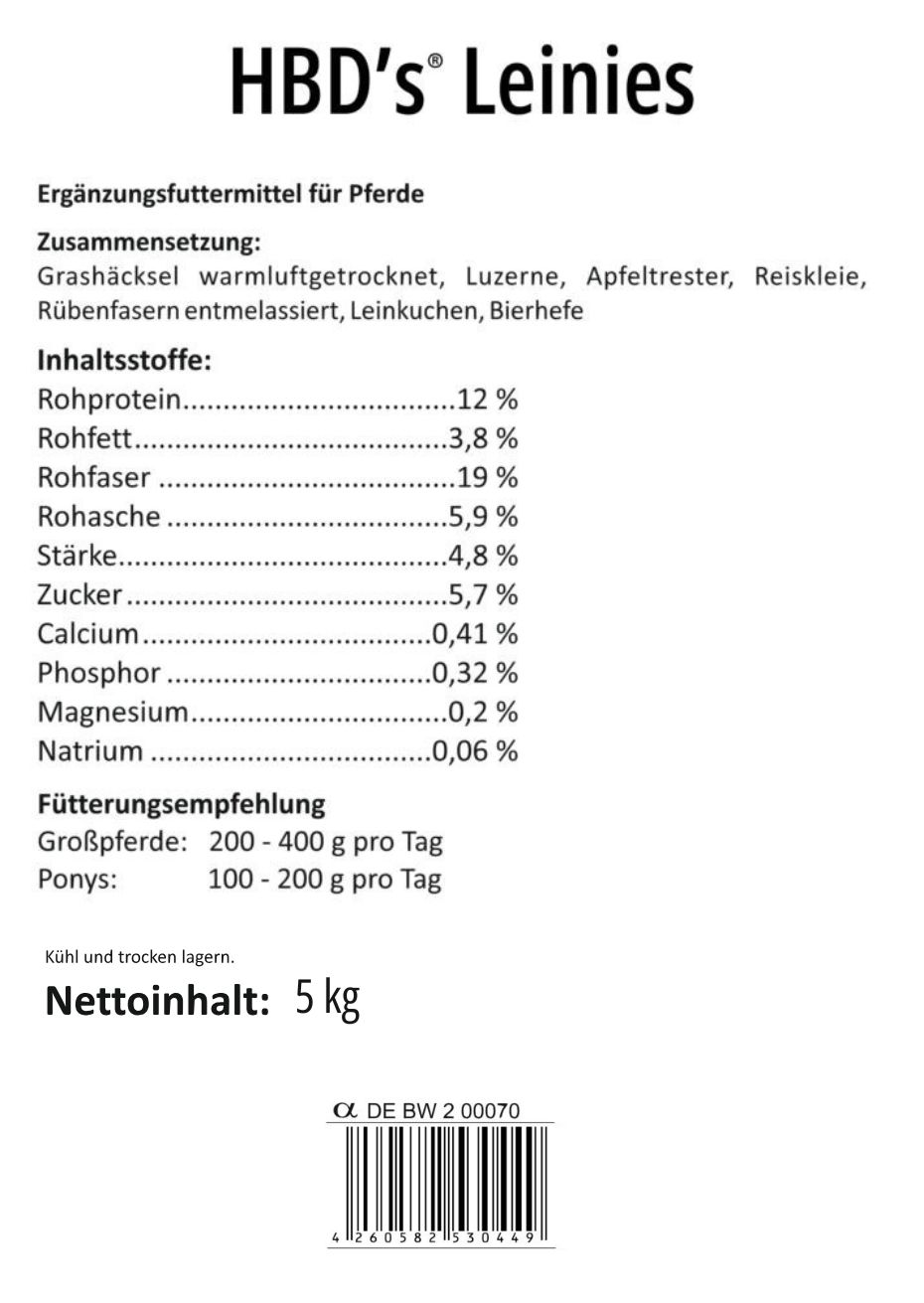 Ein schwarz-weißes Etikett mit der Zusammensetzung und der Fütterungsempfehlung von HBDs Leinies, den Pferdeleckerlies.