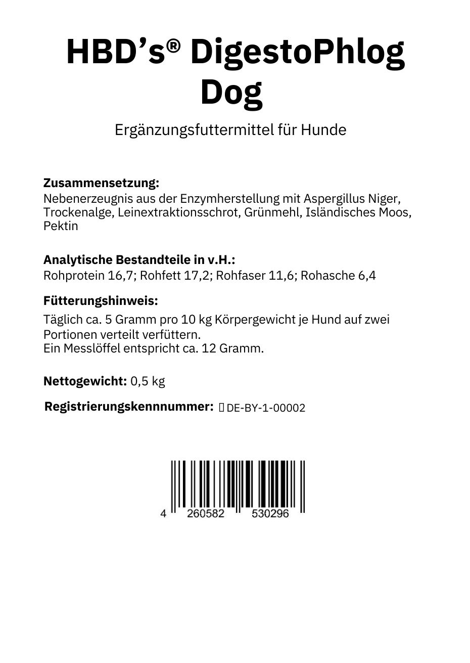 Ein schwarz-weißes Etikett mit der Zusammensetzung und dem Fütterungshinweis für DigestoPhlog, das Ergänzungsfuttermittel zur Beruhigung und Regeneration der Magen- und Darmschleimhäute für Hunde  0,5 kg