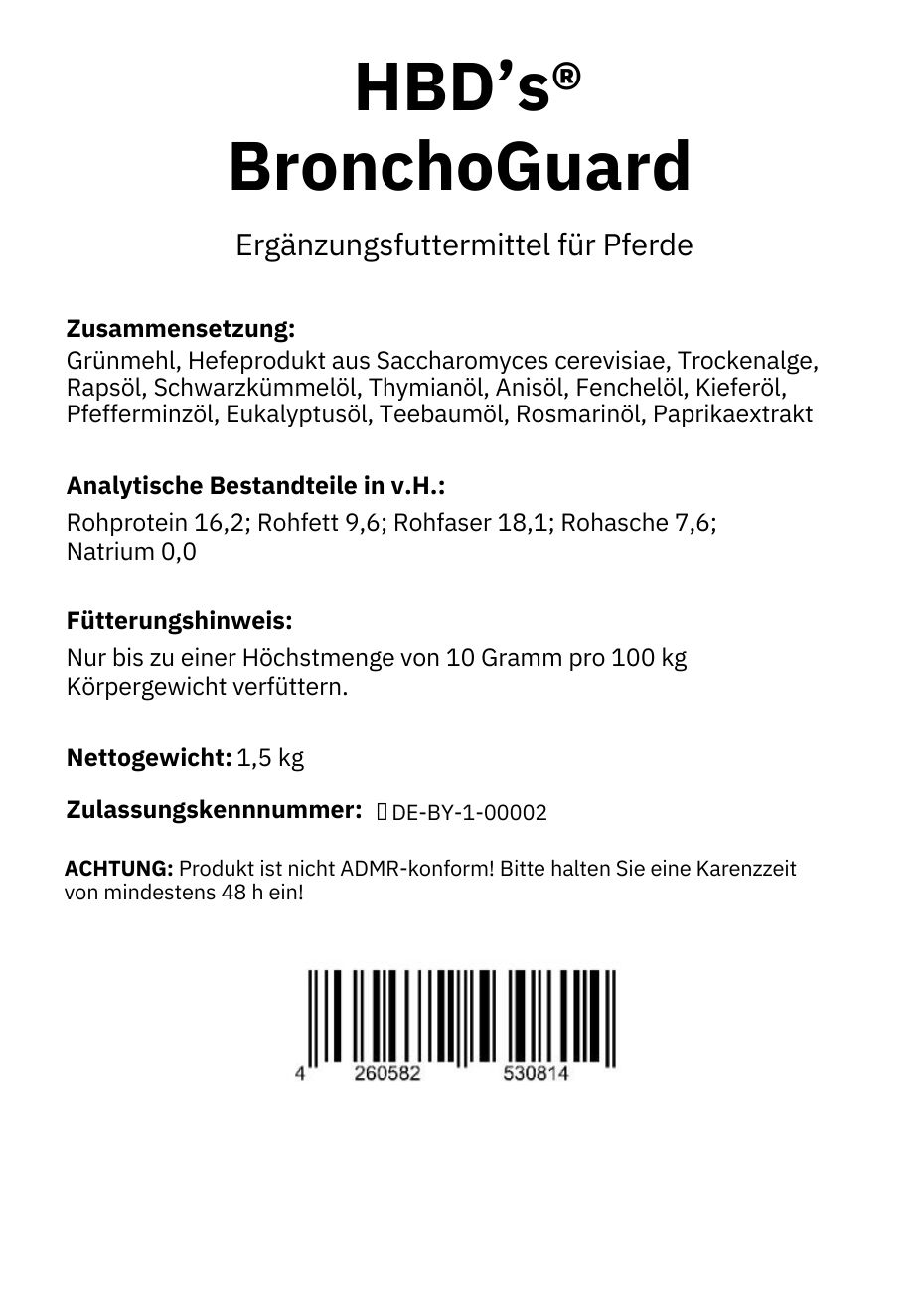 Ein schwarz-weißes Etikett mit der Zusammensetzung und der Fütterungsempfehlung von HBDs BronchoGuard der Darmkur zur Stärkung der Atemwege und des Immunsystems für Pferde