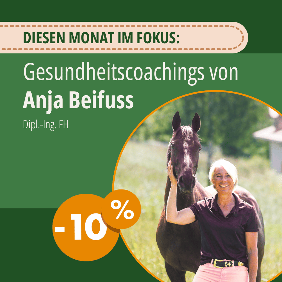Quadratisches Promotionbanner für 10% Rabatt auf Beratungen von Anja Beifuss, dargestellt mit einem fröhlichen Bild von Anja Beifuss, die ein Pferd umarmt.