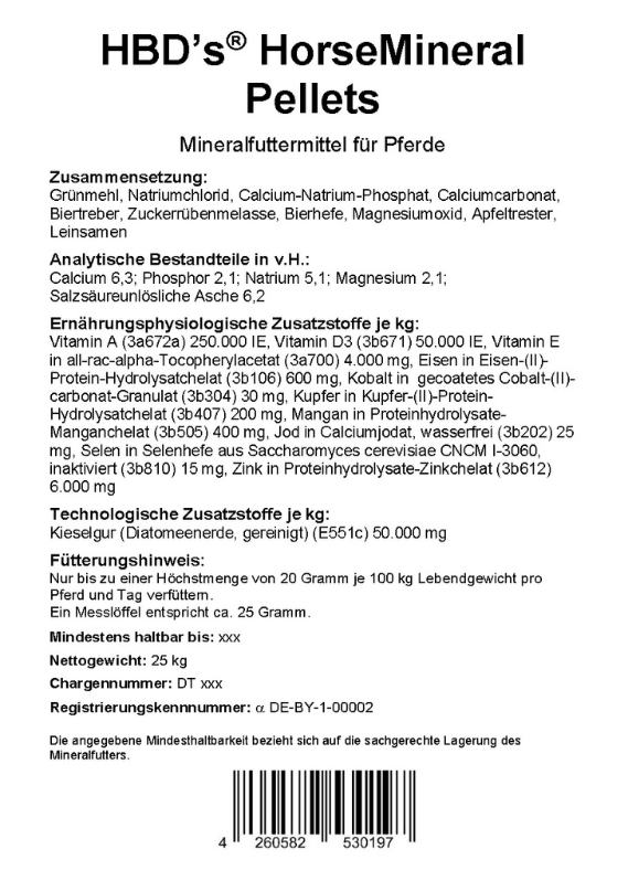 schwarz-weiß Etikett mit Zusammensetzung und Fütterungshinweis von HorseMineral Pellets, dem organisch gebundenen Mineralfutter für Pferde in der 25kg Einheit