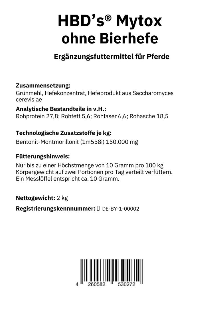 Schwarz-weißes Etikett mit der Zusammensetzung und dem Fütterungshinweis von HBDs Mytox ohne Bierhefe, dem Toxinbinder für Pferde in der 2kg Variante.