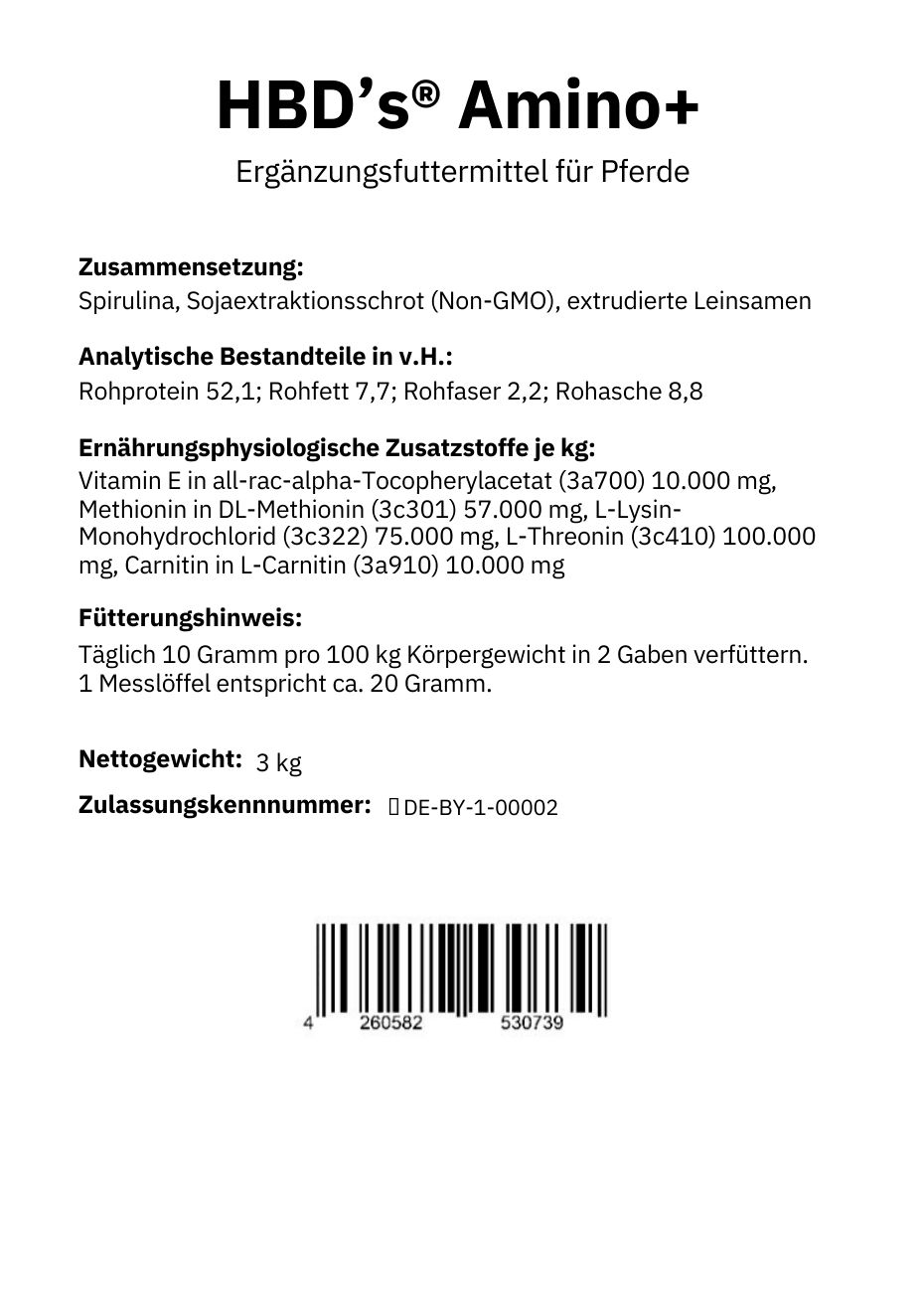 Ein schwarz/weißes Etikett von HBDs Amino+ 3kg, essentielle Aminosäuren für Pferde, mit Angaben zur Zusamennsetzung und dem Fütterungshinweis.